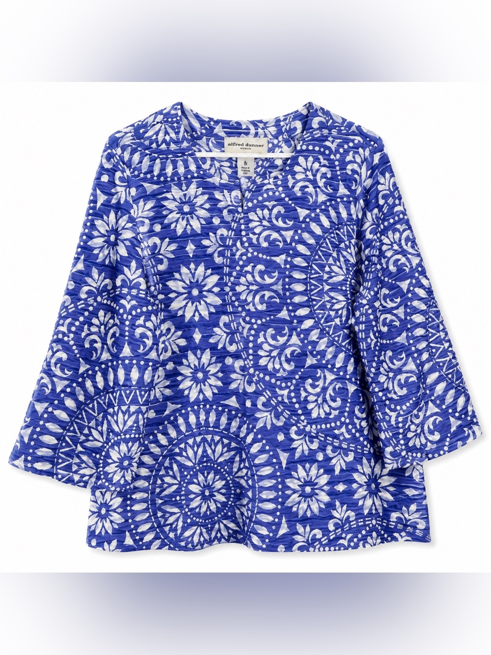 Alfred Dunner Textured Medallion Print Top Blue White Women's 1X